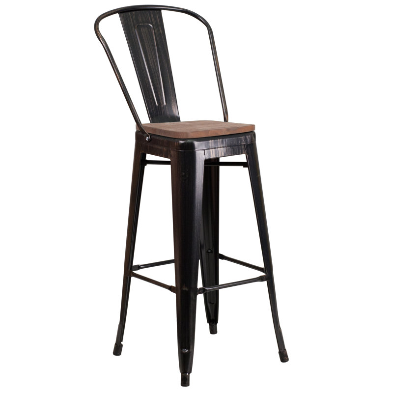 Margherite Modern Bistro Metal Dining Stool with Curved Vertical Slat Back and Wood Seat, Black-Antique Gold