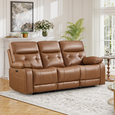 83.86" Wide Classic Plush Top Grain Leather Tufted Power Reclining Sofa - Dual Hidden Cup Holders & USB Charging Ports