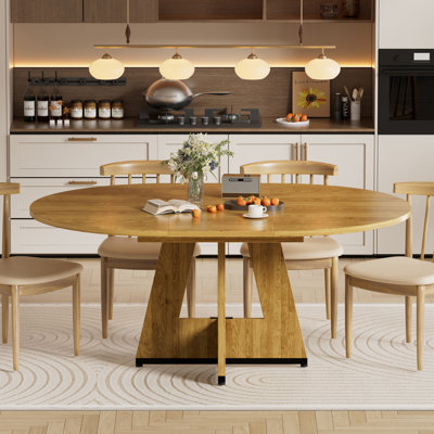 43.3''-59'' Extendable Round Dining Table For 4, Modern Farmhouse Expandable Dinner Table With Wooden Pedestal Base,circle Kitchen Table For Home Dining Room Living Room,natural