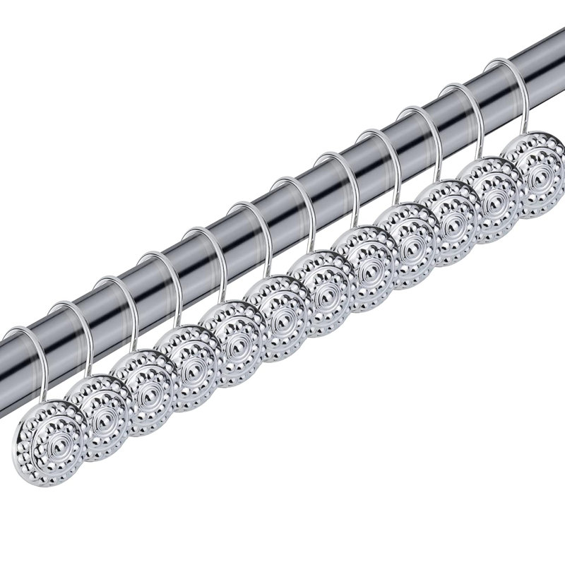 Ensemble de 12 pièces - Anneaux de rideaux de douche à boutons chromés en métal antirouille, Argent argent