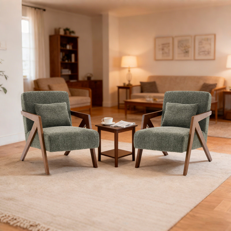 Juriana Mid Century Modern Upholstered Solid Wood Accent Armchair with an Extra Pillow, Green Fabric