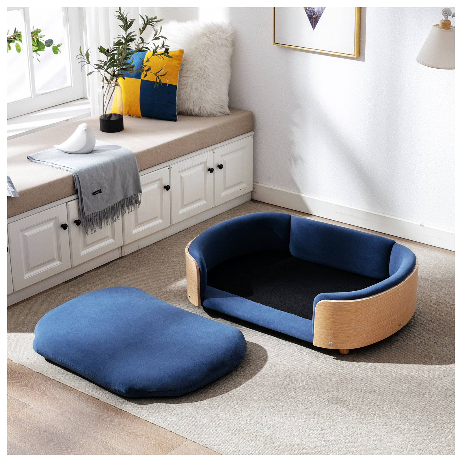Inira Pet Bed, Dark Blue/Natural, 38.58" W x 26.77" D x 11.02" H