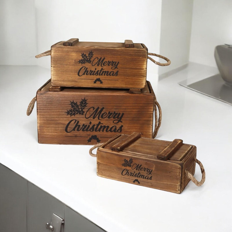 Annalin 3 Piece Handmade Wooden Decorative Box Set, Brown