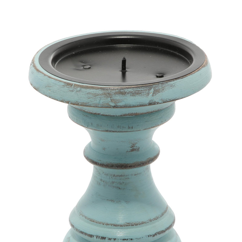Mango Wood Turned Style Pillar Candle Holders, Light Blue