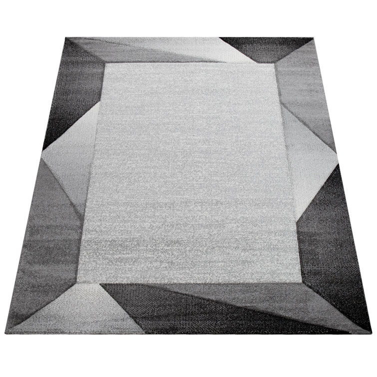 Area Rug Bordered With Geometric Pattern Grey Anthracite With Contour Cut