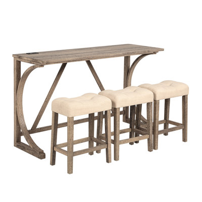 4-Piece Rustic Bar Table Set with USB Type-C Charging Port, 3 Padded Upholstered Counter Stools, Space-Saving Dining Set for Living Room, Kitchen & Game Room