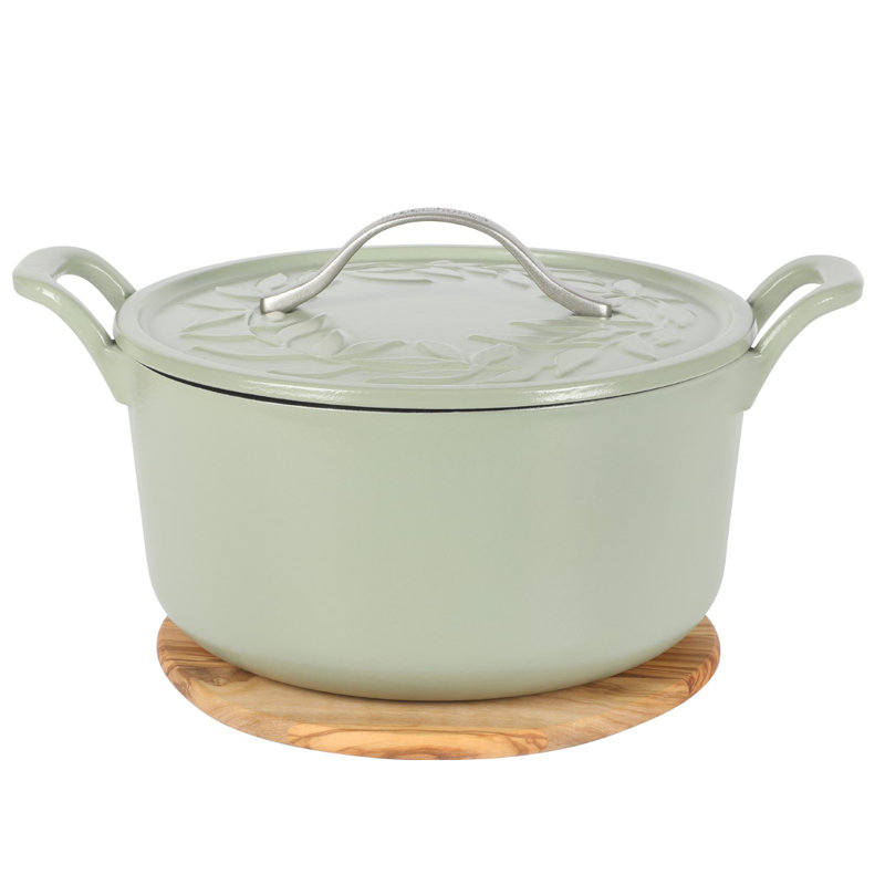 Bloomhouse 7 Qt Cast Iron Dutch Oven w/ Lid, European Enamel, & Walnut Wood Trivet - Oat White, Green
