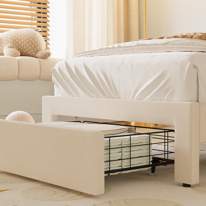 Structure de lit simple avec tiroir sous le lit, lit plateforme tapissier avec tête de lit Wave pour enfants / filles