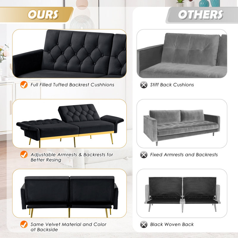 Zineta 67'' Velvet Sleeper Sofa, Black