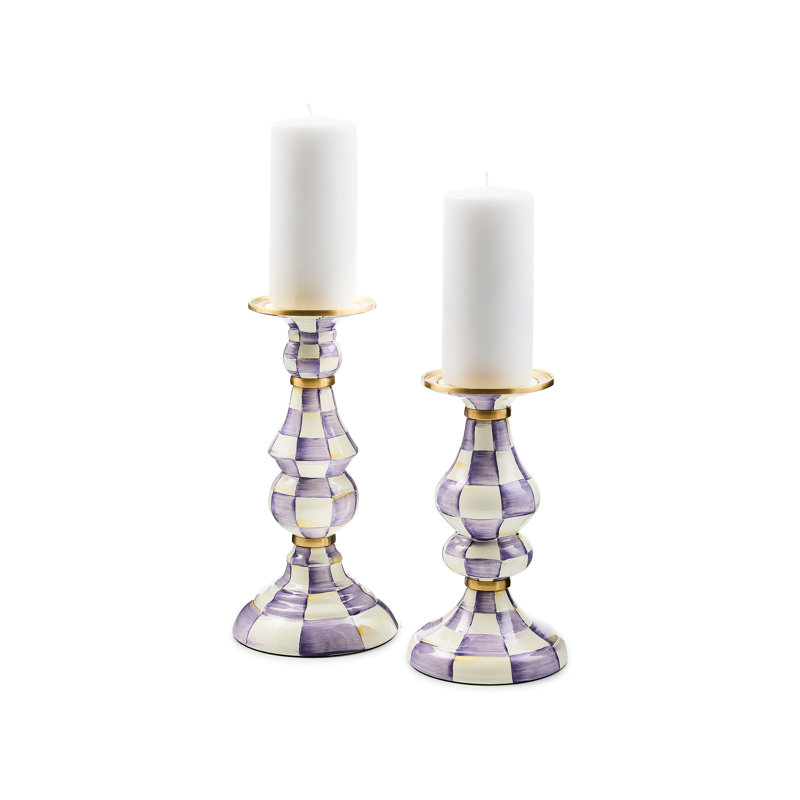 Violet Check Pillar Candlestick, 9'' H x 5.25'' W x 5.25'' D