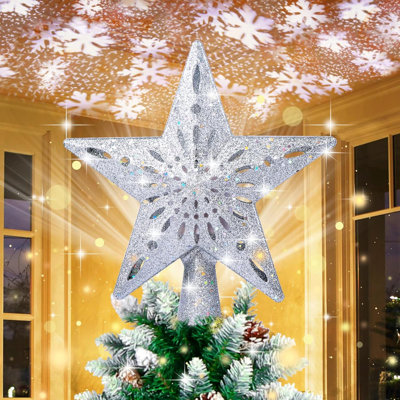 Christmas Tree Topper Lighted Star Tree Toppers With LED Rotating Snowflake Projector Lights, 3D Hollow Silver Star Snow Tree Topper For Christmas Tre -  The Holiday Aisle®, 963B270B8464486182F55877F130AEAC