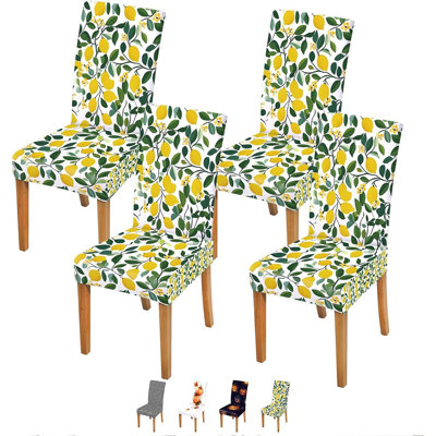 Dining Chair Covers – Lemon Print – Set Of 4, Summer Fruit Design, Stretch, Washable, Dining Room/Kitchen