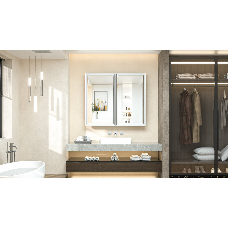 Lunara Recessed & Surface Framed 2 Door Medicine Cabinet with Mirror and Shelves, Silver, 32" H x 36" W x 5.2" D