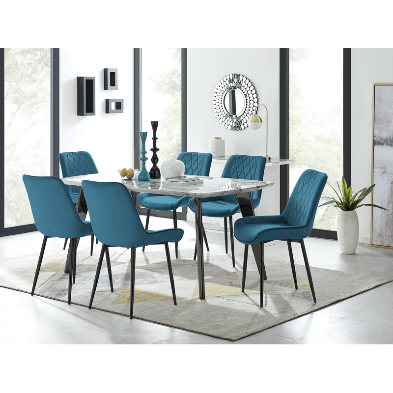 Anders Modern Veneer Marble Effect Dining Table Set with 6 Luxury Velvet Dining Chairs, Blue/Black