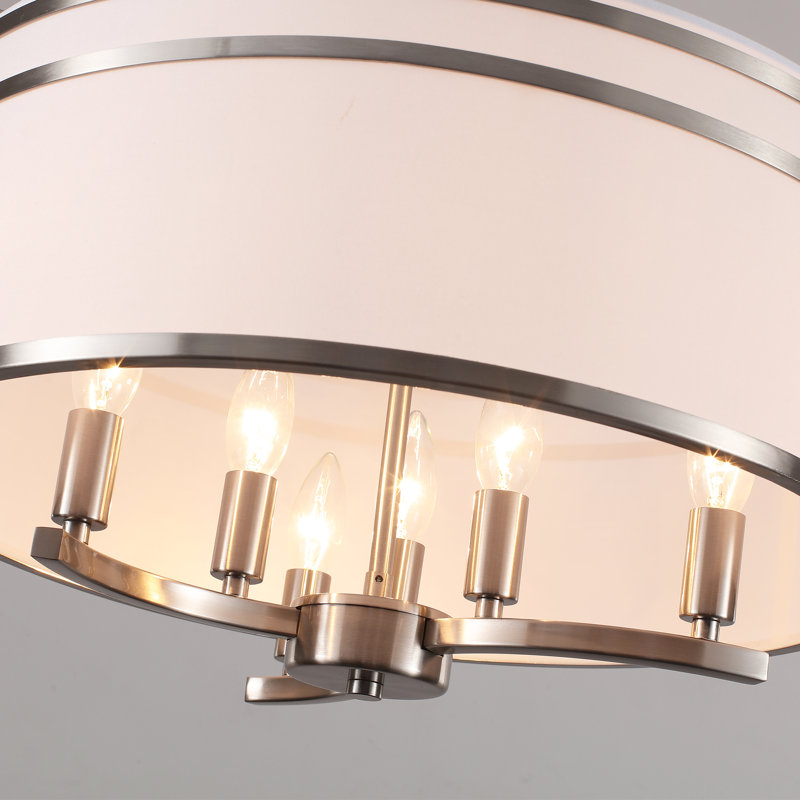 Lustre de style campagnard à 6 lumières à intensité variable avec abat-jour rond en lin, Nickel