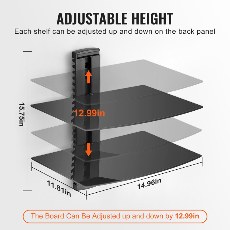 2 Tiers Wall Mounted AV Media Stand Adjustable Floating Projector Shelf