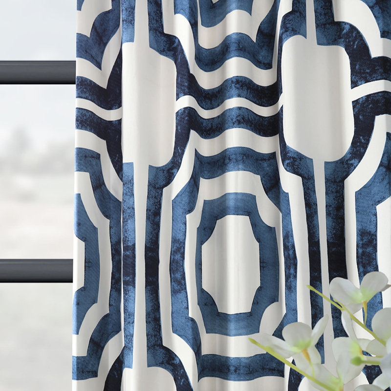 Magari Geometric Printed Cotton Room Darkening Single Curtain Panel , 50" W x 84" L, Blue