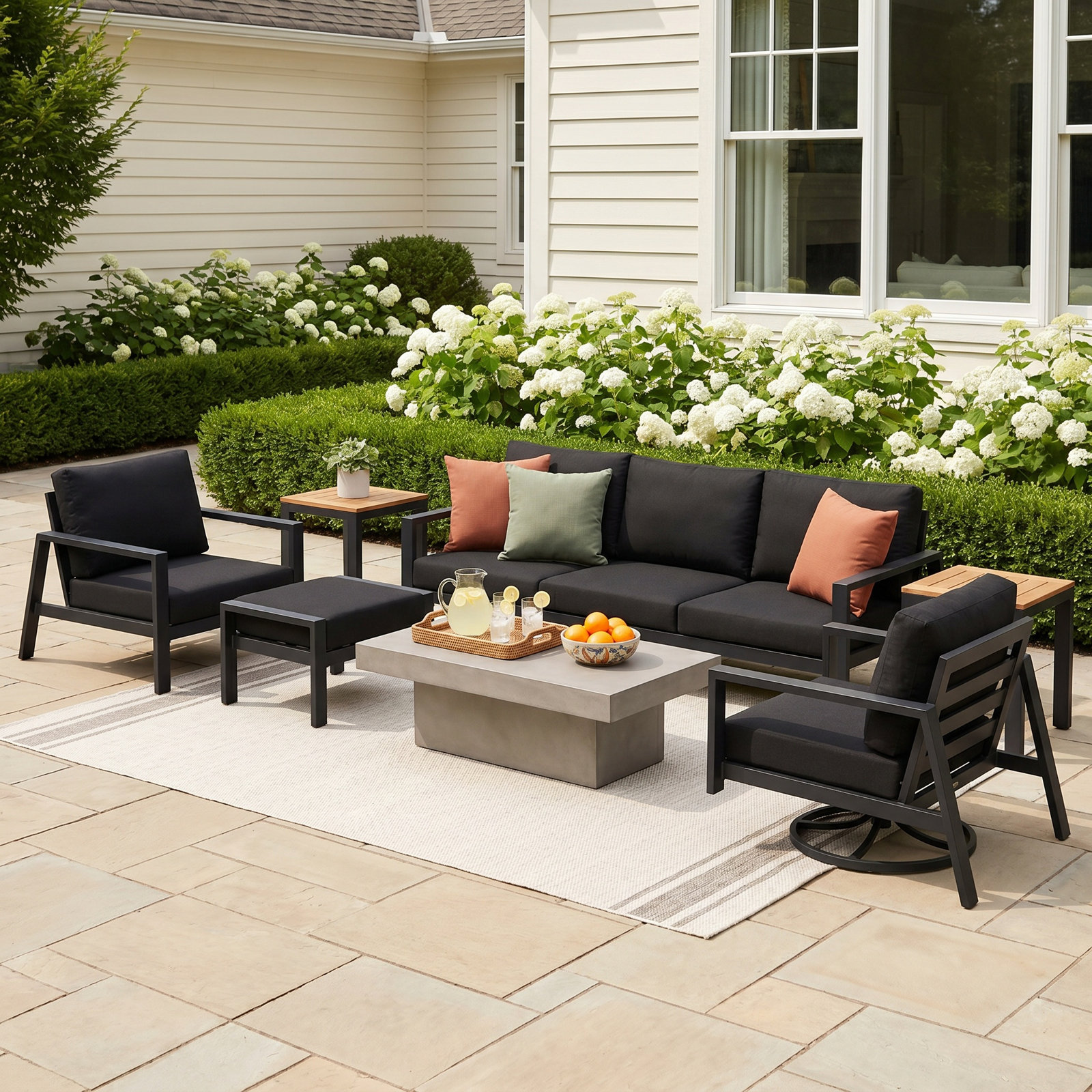 Townsend 8-Person Sunbrella® Patio Seating Group, Canvas Black Sunbrella® Canvas, Mahogany