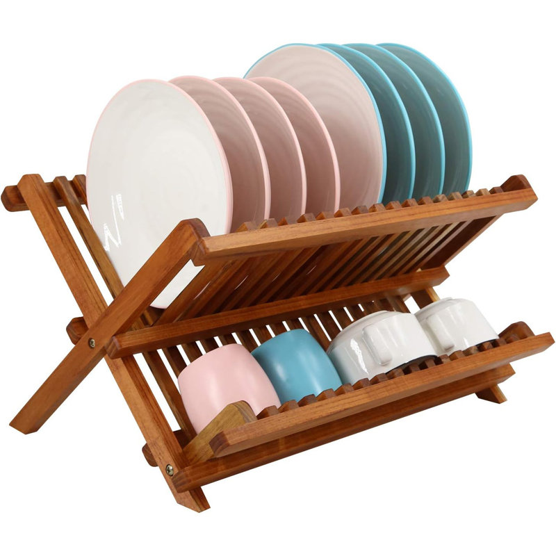 Teak Dish Drainer Rack Collapsible 2 Tier Dish Rack Dish Drying Rack Foldable Plate Organizer Holder
