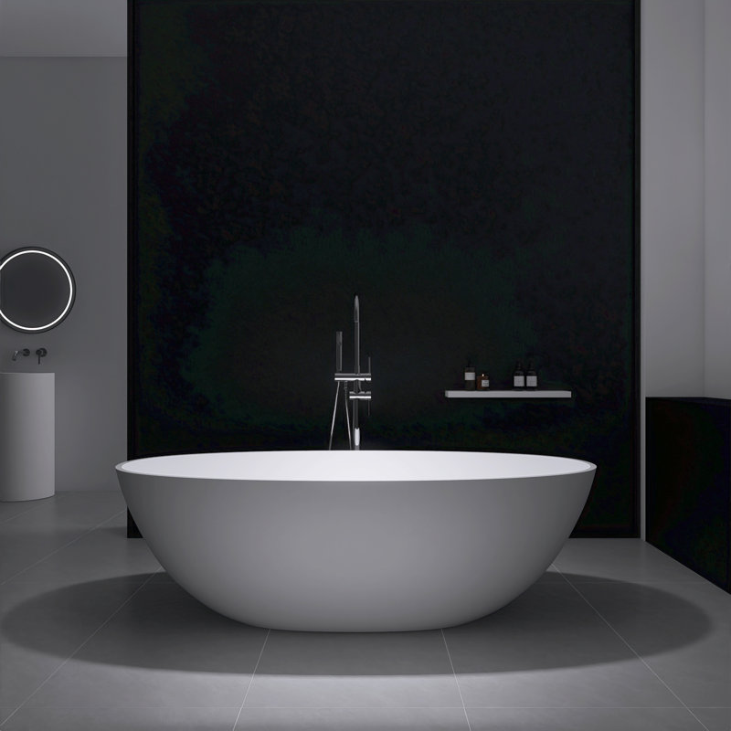 71" Matte White Freestanding Bathtub Deep Soak Oval Design, Solid Surface & Built-In Chrome Drain