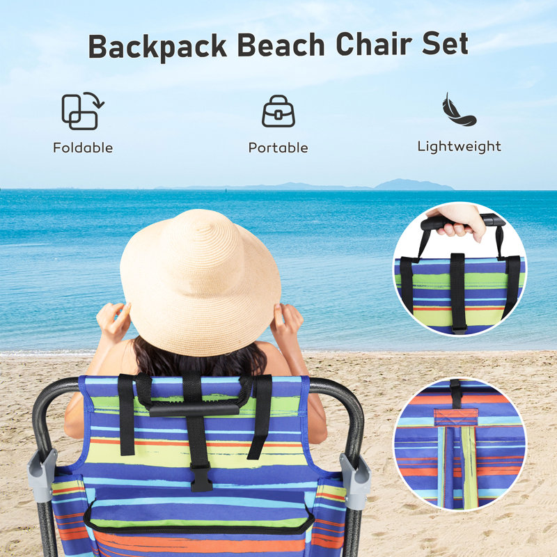 5-Position Adjustable Backpack Beach Chair Folding Lounge Chair with Pillow and Storage Bag, Multicolor Striped
