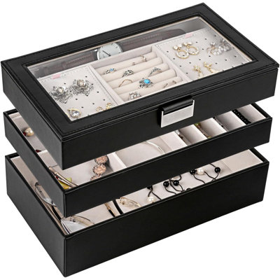 Ebern Designs Jewelry Tray, Stackable Jewelry Box, Drawer Jewelry Organizer, with Glass Lid, Removable Dividers, for Vanity Table, Gift Idea (3 Tier)