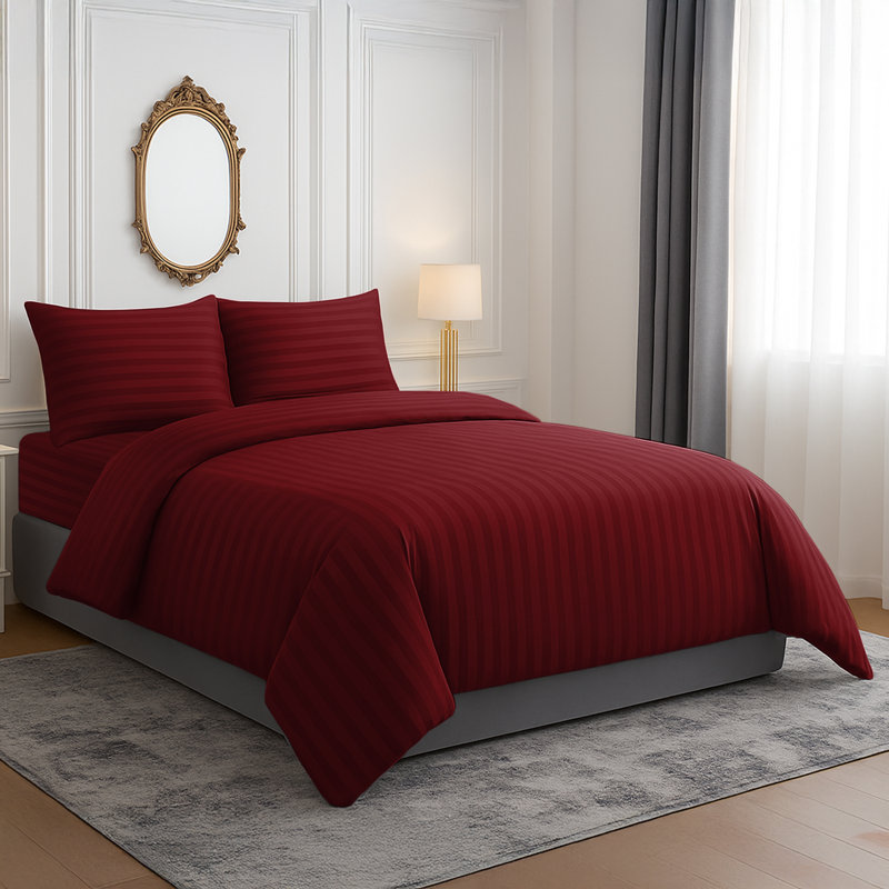 Microfiber Striped Duvet Cover Set with Matching Pillowcases and Stripe Fitted Sheet, Burgundy