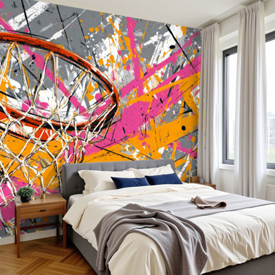 sports papier peint adhésif de basket-ball, impression d'art de graffiti, affiches murales modernes pour chambre d'adolescent, H 100 po x l 144 po, papier peint amovible en PVC, adhésif mural pour chambre à coucher, bureau à domicile