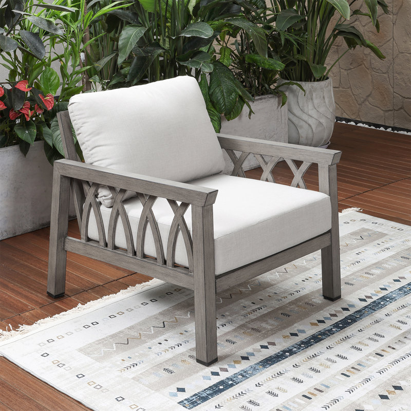 Outdoor Aluminum Armchair with Open Frame Design and Deep Seating Cushion, Patio Lounge Chair for Backyard, Deck and Balcony, Limed Oak