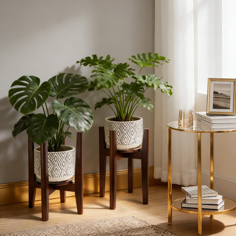 Support à plante d'intérieur réglable avec plateau amovible, support à plantes en bois de style Mid-Century moderne pour pots de 8 à 12 pouces, pieds K robustes