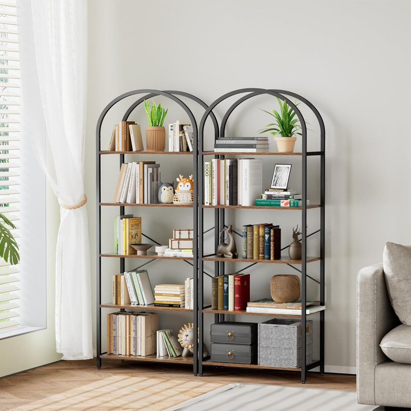 5-Tier Bookshelf Arched Display Racks Wood And Metal Bookcase