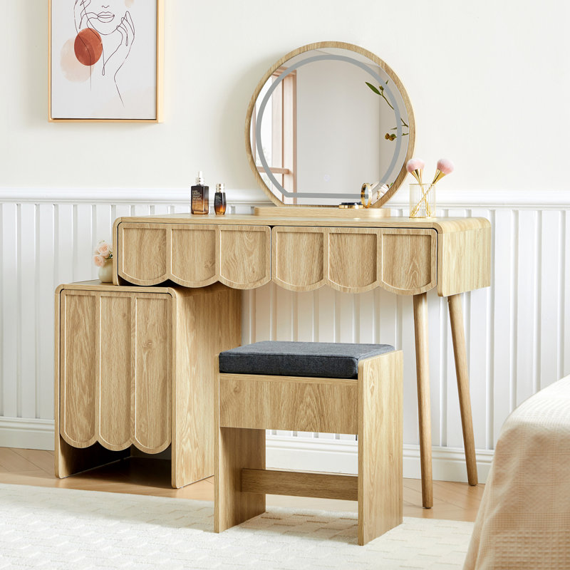 Makeup Vanity Set With Stool And Led Mirror, Natural