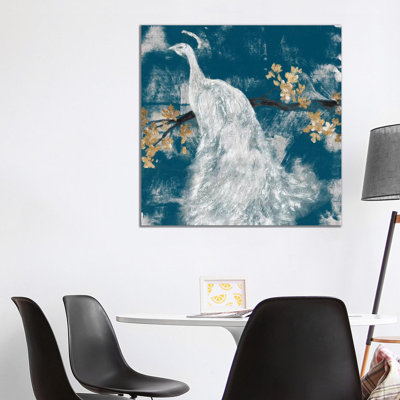 White Peacock On Indigo II by Jennifer Goldberger - Wrapped Canvas Painting