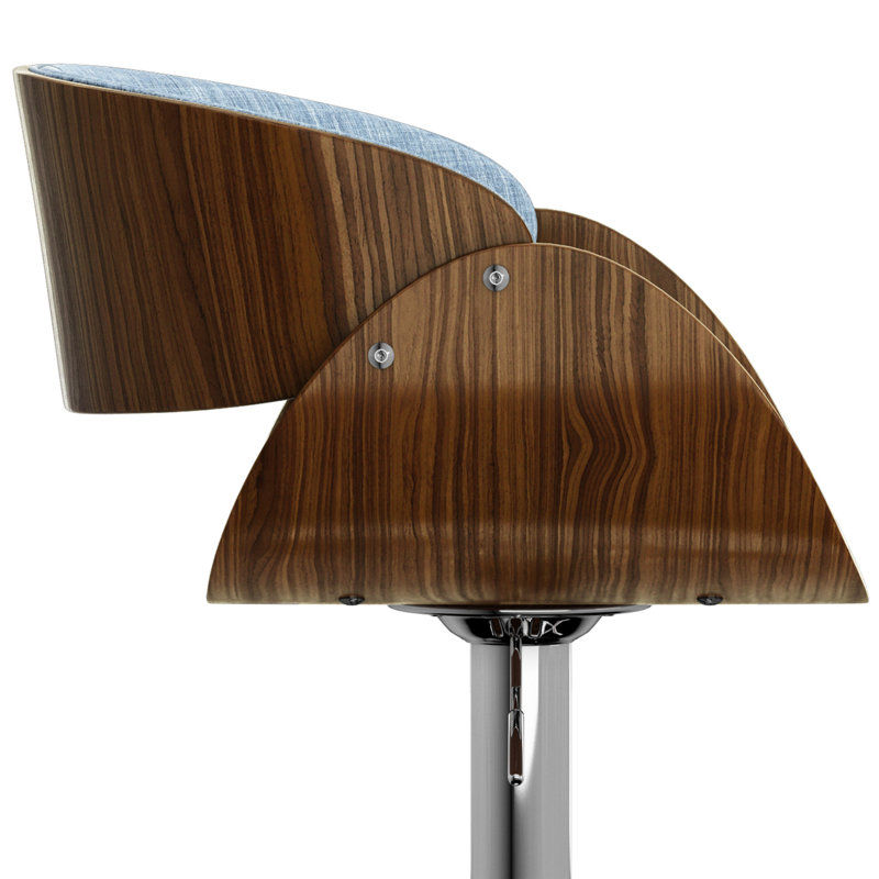 Denim Blue Adjustable Swivel Bar Stool with Walnut Veneer