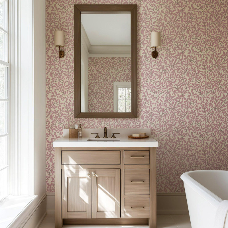 Leaf and Pod - Wallpaper, Dusty Blush, Peel & Stick