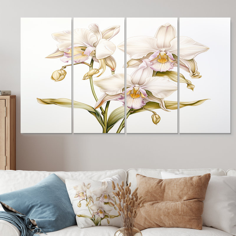 Retro White Orchid Illustration - Orchid Wall Art Decor, ensemble de 4 pièces, H 28 po x l 48 po
