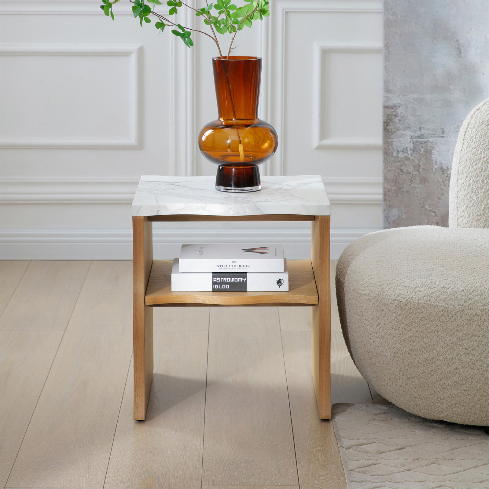 17" Marble Top Storage End Table, Wood