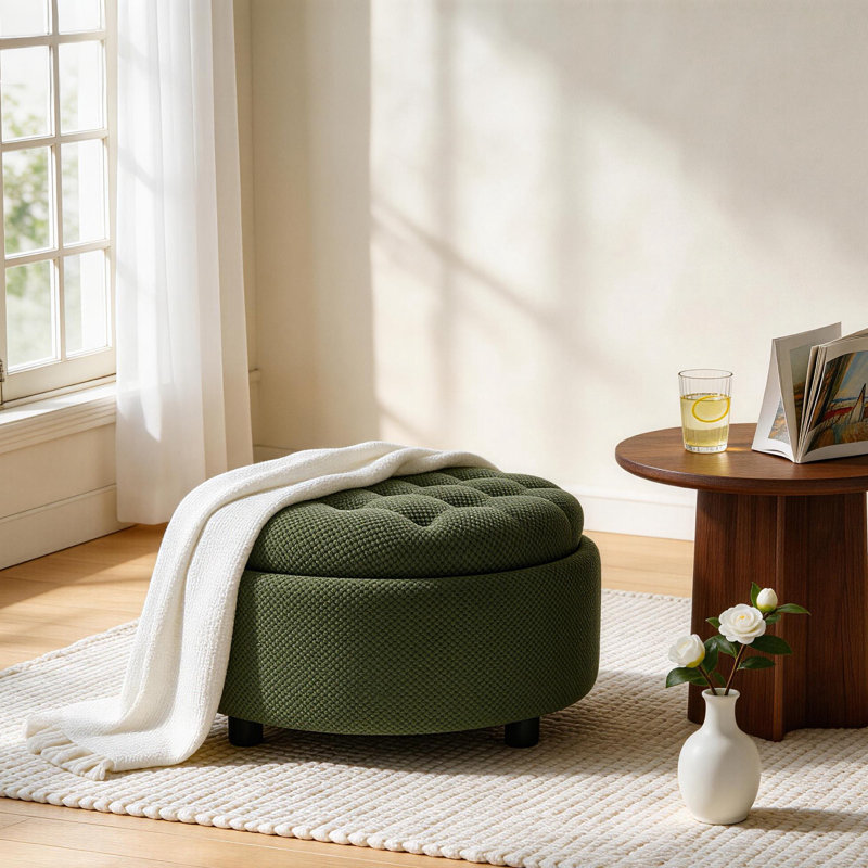 63.5cm Wide Round No Pattern Footstool Ottoman, Dark Green