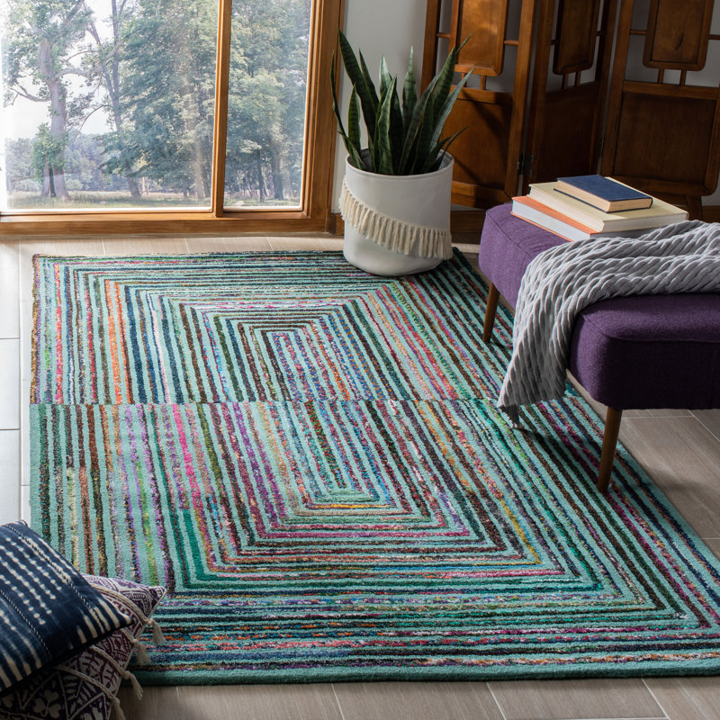 Tapis vert / bleu sarcelle en laine / coton touffeté à la main à motif géométrique Nantucket, Rectangle 5 pi x 8 pi