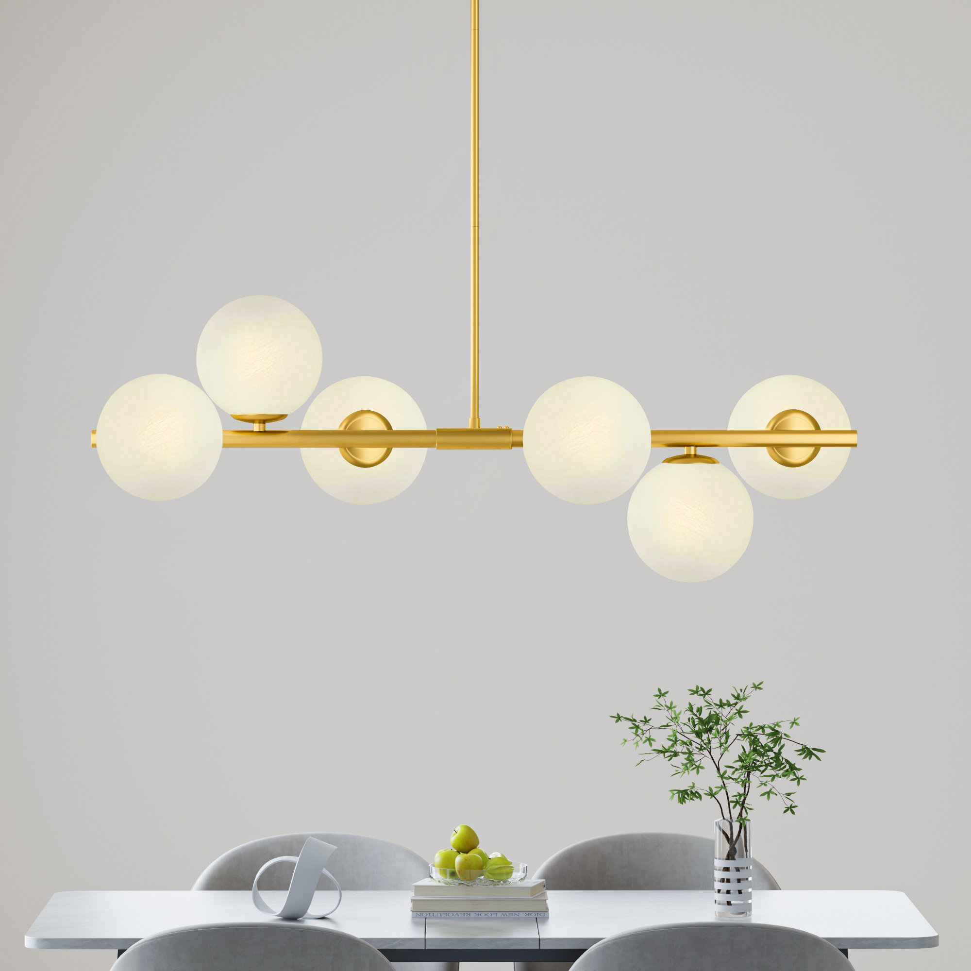 6-Light 35.8"W Modern Linear Chandelier with Cloudy Milky White Glass Shades, Brushed Brass