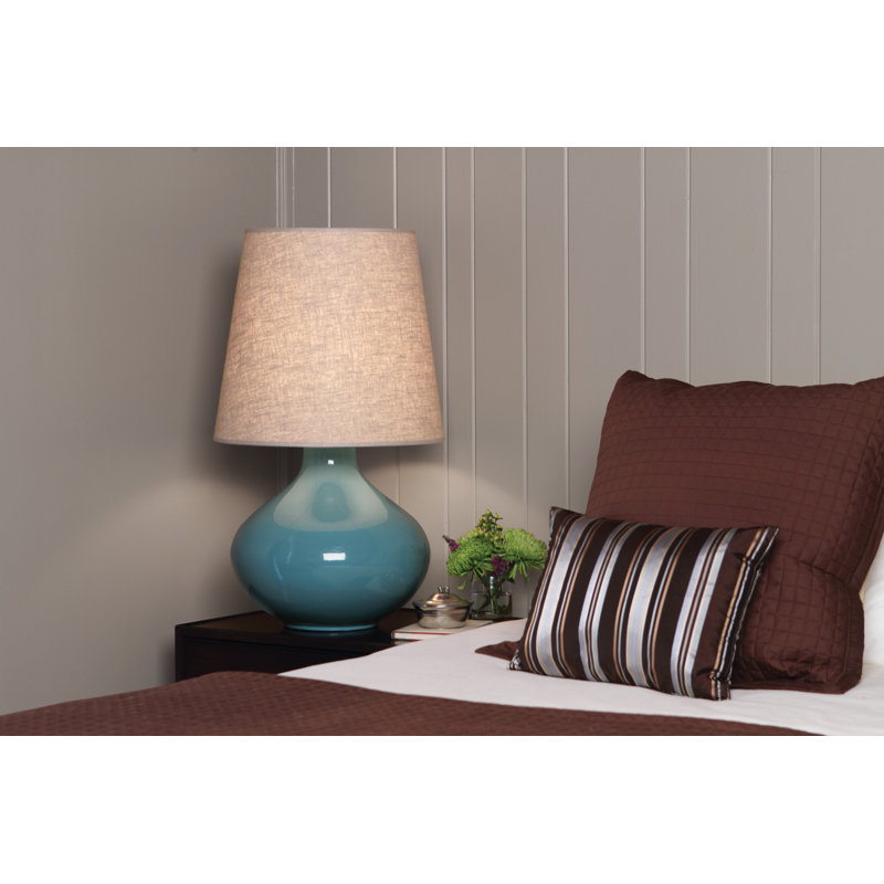 June Ceramic Table Lamp, Buff Linen, Steel Blue