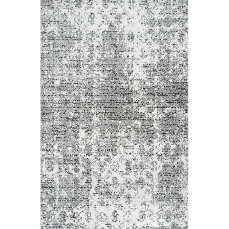 Tapis performance gris / blanc moderne à motif abstrait tissé à la machine Deedra, Rectangle 6 pi 7 po x 9 pi