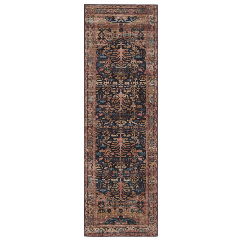 Reversible Floral Blue & Tan Easy-Care Polyester Runner Rug, 2'6" x 8'