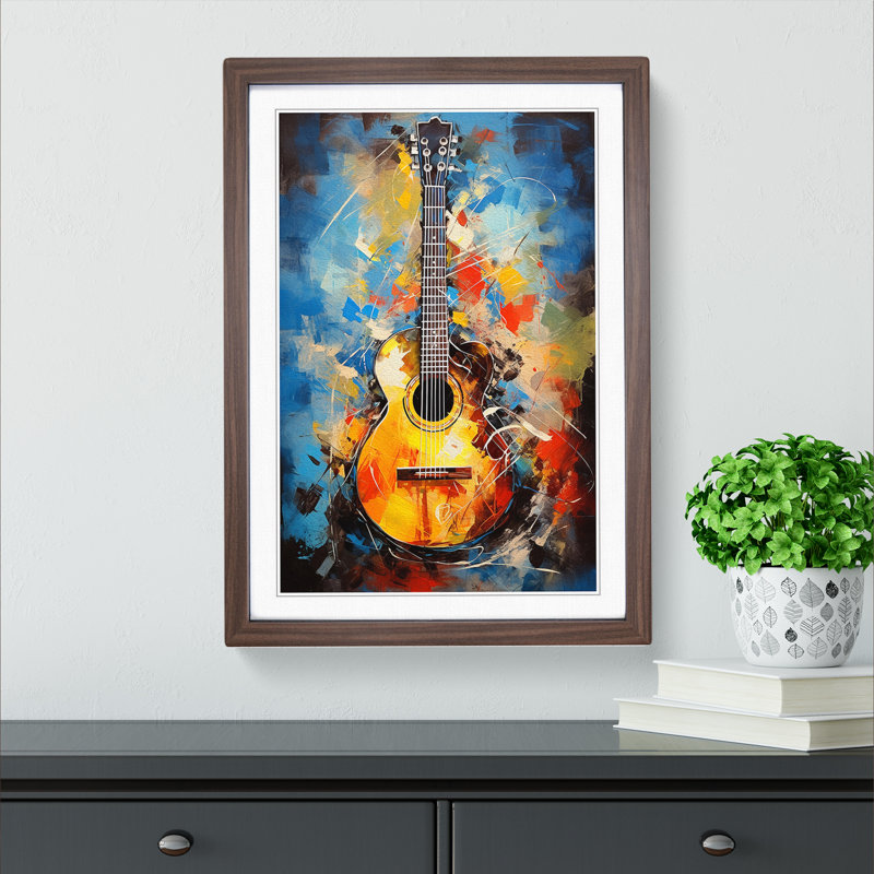 XYZ-FRM-V1223-1746 Acoustic Guitar Action Painting - Single Picture Frame Print on Wood, 34cm H x 25cm W x 2cm D, Walnut 