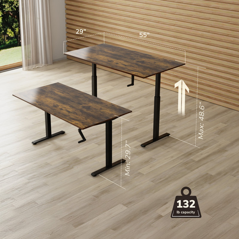 Hand Crank Standing Desk with 55" Tabletop - Black Base, Brown