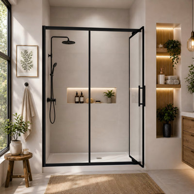 58 po x l 76 po x H 76 po Porte de douche pivotante vers l'intérieur compacte, noir mat, verre clair de 1/4 po