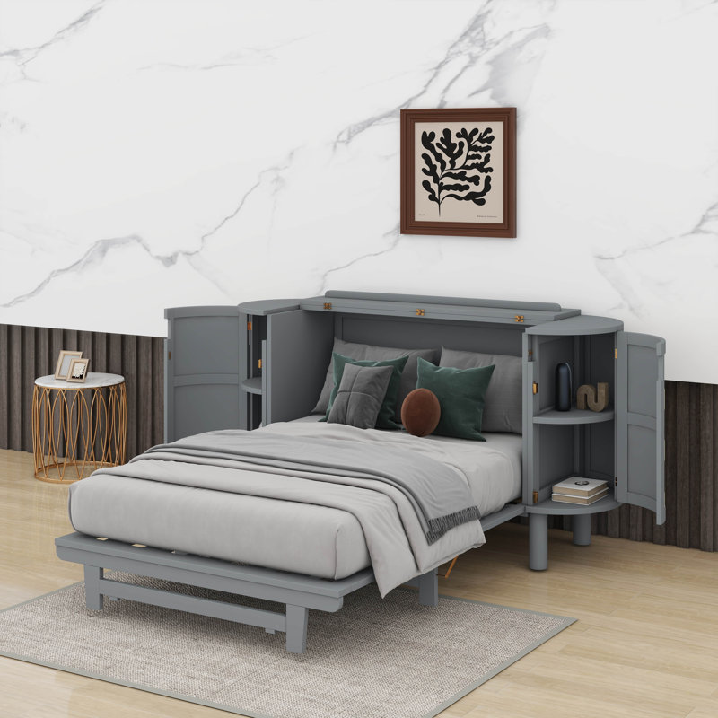Élégant lit escamotable avec armoires de rangement latérales intégrées et conception tissée, gris, Double