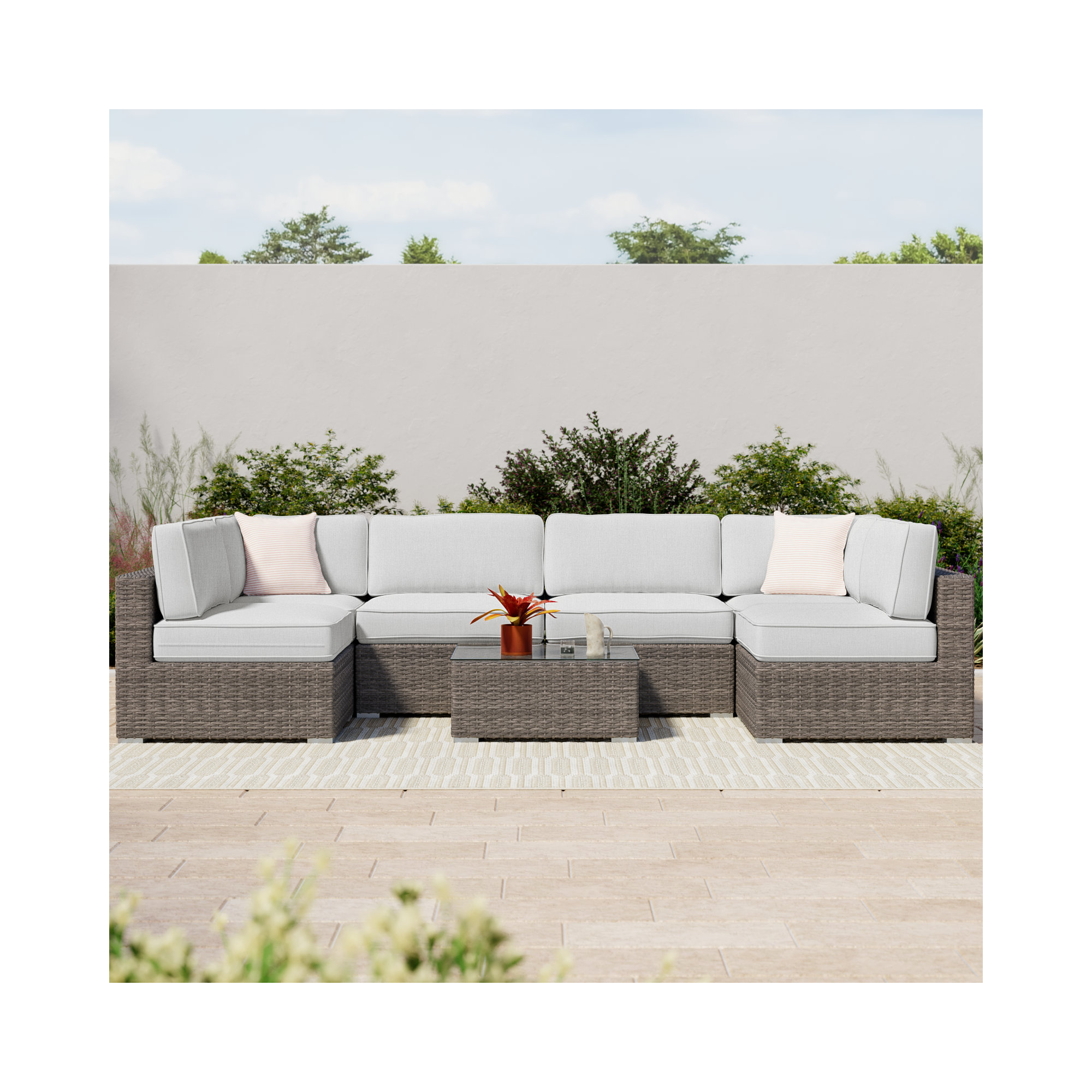 Tonioni Rattan Wicker Fully Assembled 6 - Person Seating Group with Sunbrella Cushions, Canvas Canvas Sunbrella® Canvas