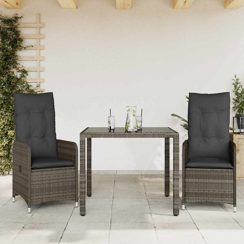 Bistro Set Grey Poly Rattan, Steel, Tempered Glass, 2