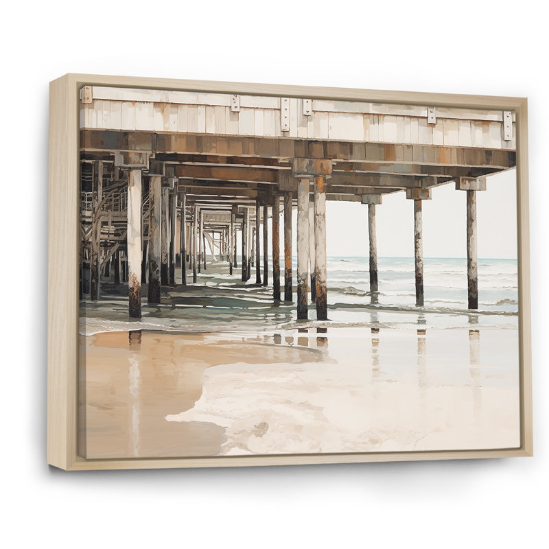 Minimalisme, jetée beige Horizon I - Coastal Pier, art mural large, H 16 po x l 32 po x P 1 po, Cadre naturel flottant